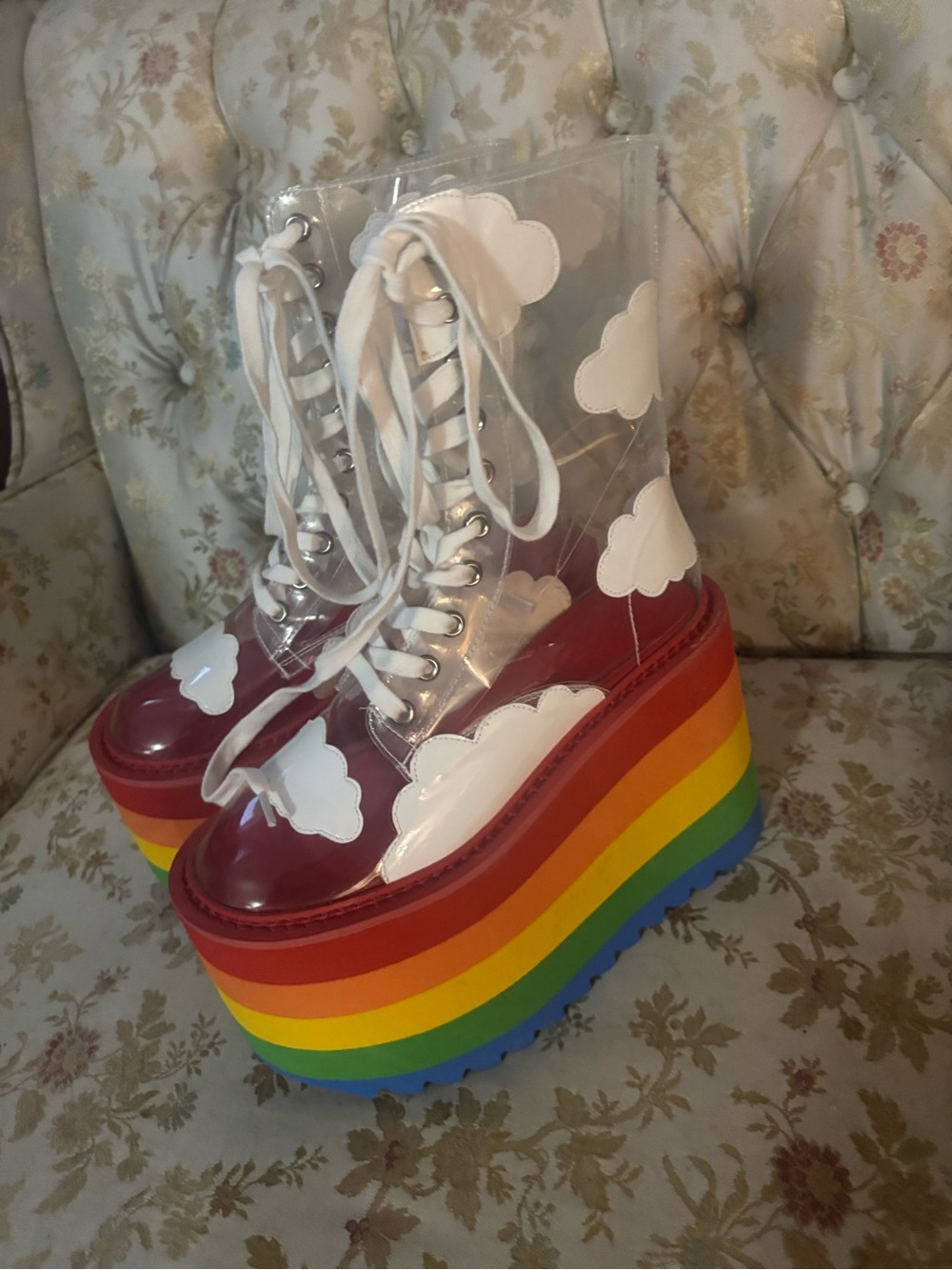Dolls Kill Current Mood Clear Cloud and Rainbow Lace-Up Platform Boots